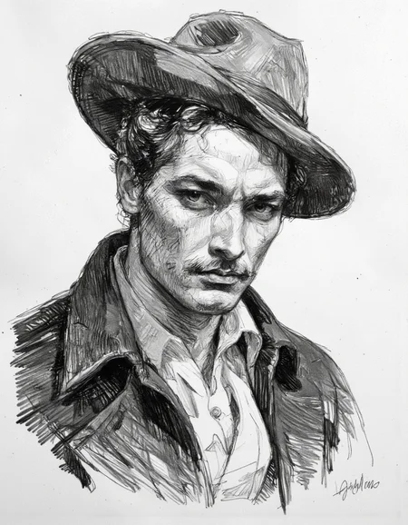 This is a highly detailed, black-and-white drawing of a man, rendered in a semi-realistic, high-contrast style on smokey paper.
The drawing is done in a realistic style, with intricate cross-hatching and shading techniques that convey texture and depth. The man has a rugged, weathered face with prominent cheekbones, a strong jawline, and a thick, bushy mustache. His hair is curly and slightly unkempt, and he wears a wide-brimmed hat that casts a shadow over his forehead, adding to the somber mood of the image. His attire is historical, consisting of a high-collared, white shirt with visible folds and a dark, textured coat that appears to be made of a heavy material. The background is minimalistic and white, allowing the focus to remain entirely on the man's face and attire. The artist's skillful use of light and shadow creates a three-dimensional effect, making the man's facial features and clothing textures stand out prominently. The overall style and execution of the drawing evoke a sense of realism and historical accuracy, reminiscent of 17th-century portraiture. <lora:Sketch:0.95>