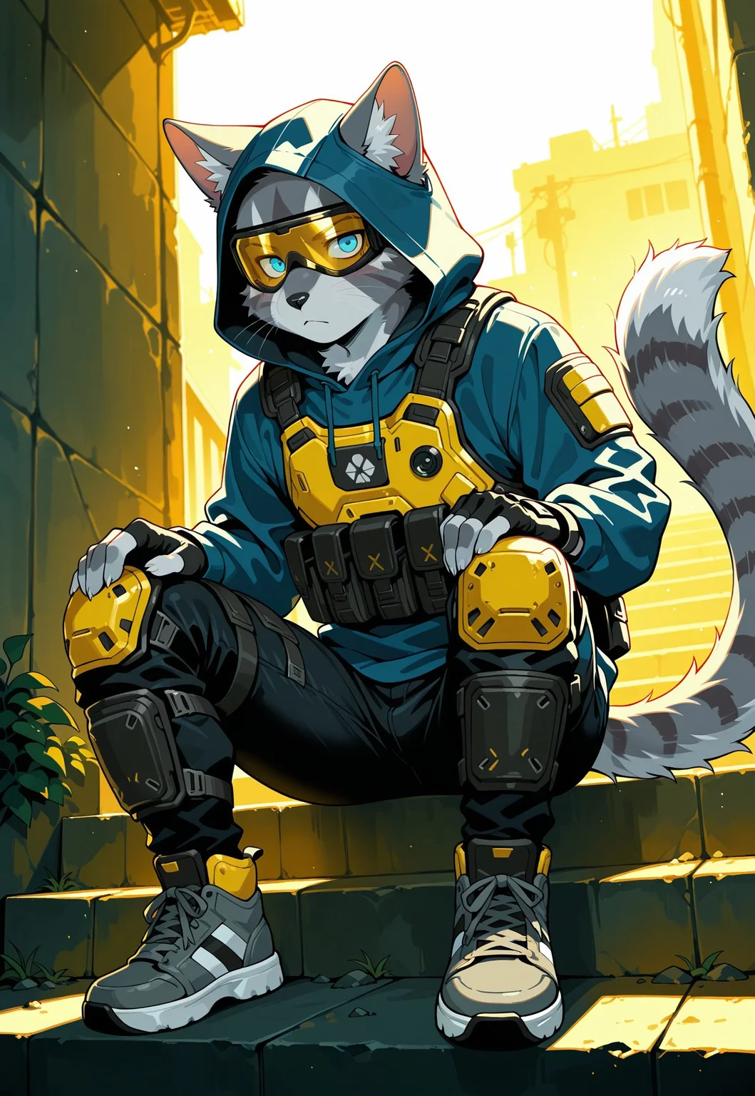 masterpiece,best quality, amazing quality,1boy, solo, Gray cat, Furry gray cat, fluffy tail, 5 fingers, Cat Blue eyes, black nose, sneakers, black jeans, blue hoodie, tactical black body armor, yellow ski goggles on eyes under hood, hood, fingerless gloves, knee pads and shin guards, stalker and Titanfall style suit, hands on knees , Sitting on the step,