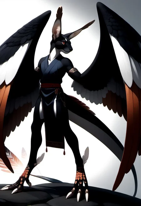 1person, Palagiri, long toes, nimble toes, handfeet, anthro, ((wing arms, large wings, no hands)), feline features, feline nose, long tail, tapering tail, feather tipped tail, digitigrade legs,
3/4 view, perfect tail, perfect wings,
Source: anime, score: 9, score: 8up,