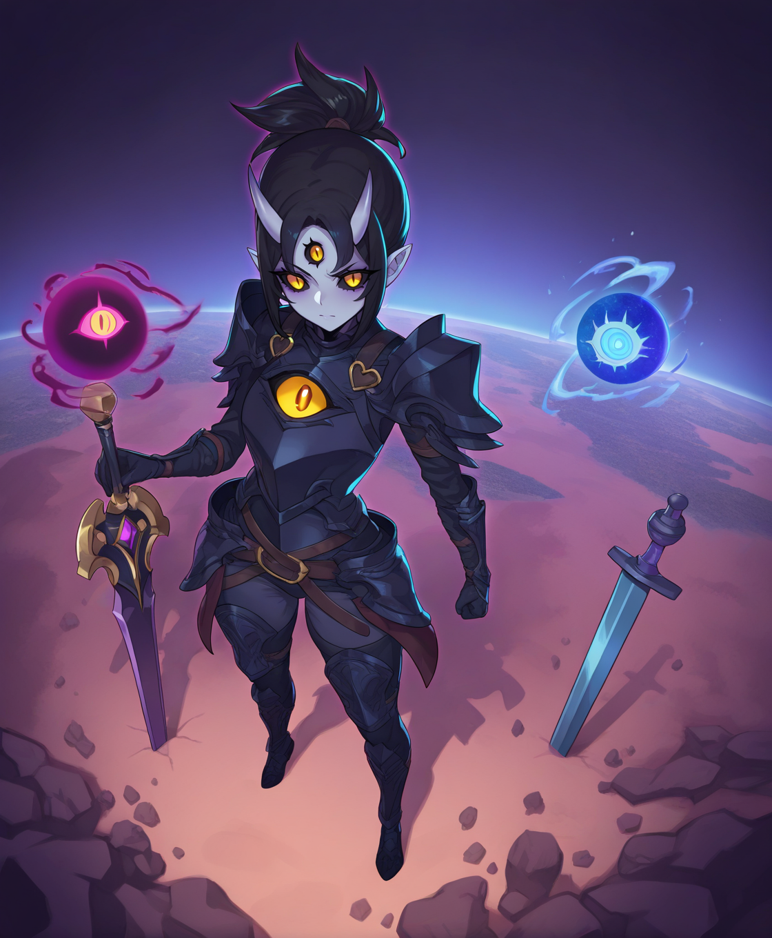masterpiece, best quality, detailed background, absurdres, 1girl, sexy woman, (third eye:1.2, extra eye), edgy, obsidian armor, armor, oni armor, hip armor, bismuth crystals, serious, 1girl, oni horns, pointy ears, colored sclera, black sclera, slit pupils, grey skin, black hair, hair up, ponytail, full body, ((perspective, planted_sword)), gems, gold eyes, demon armor, pauldrons, feminine breastplate, faulds, greaves, galaxies, alternate dimension, floating rock platforms, demon magic, ((evil demon castle, landscape, outdoors)),
<lora:SethxZoe:1>