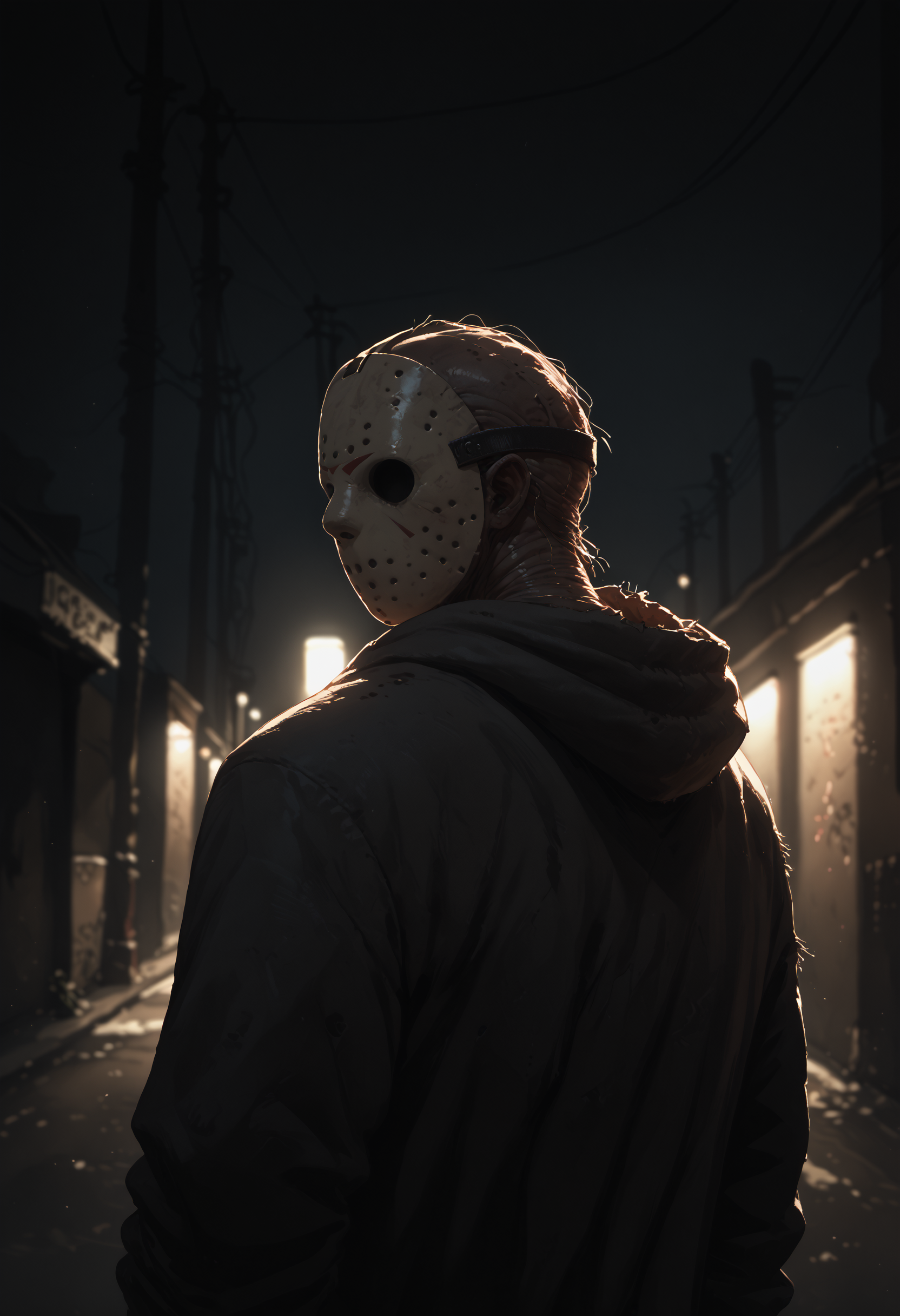 score_9, score_8_up, score_7_up, score_6_up, monster, 1boy, dark background, dark theme, backlighting, no eyes, looking back, upper body, alley,
<lora:jason_voorhees_v0.5-pony:1> 
<lora:dark_v1.9-pony:1>