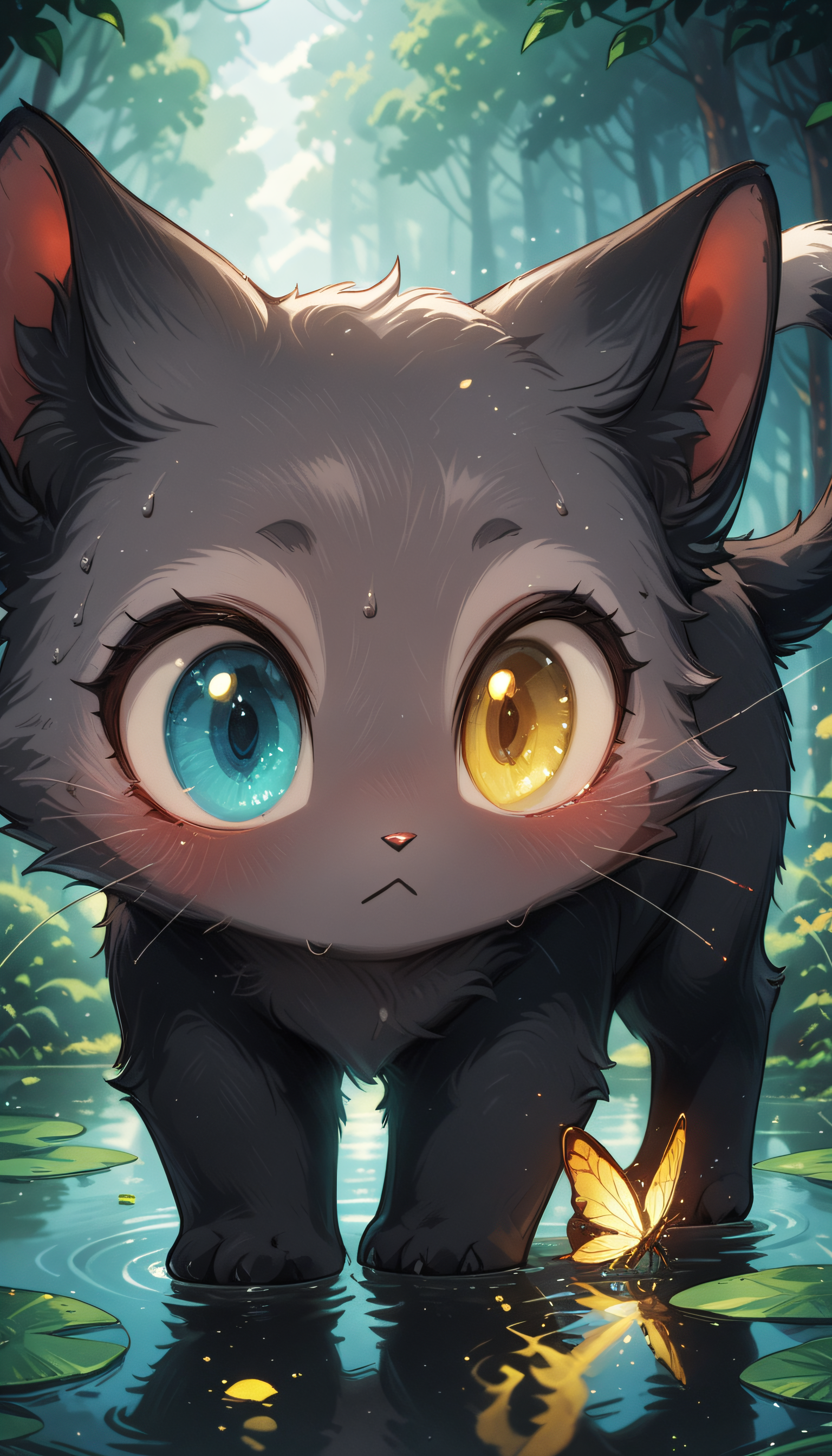masterpiece,
perfect eyes, vivid colors, vibrant colors,
pinkretroanime, retro art, (lineless:1.5), smooth edges,
, In the center of the image, a small black cat with large, expressive eyes stands on the bank of a body of water. The cat appears playful and attentive, its ears perked up as it gazes towards the left side of the frame. Its fur is glossy, reflecting light, and it has a few spots that look like water droplets or paint splatters on its face, paws, and tail. The cat is standing next to two small, yellow flowers with delicate petals, which are positioned just behind the cat. To the right of the cat, there's a green leaf floating gently in the water. The background features a soft blur that suggests a serene outdoor setting with lush greenery, possibly indicating a lakeside or a park during what seems to be spring or summer, given the foliage and flowers present. The overall atmosphere of the image is one of tranquility and curiosity, as if the cat is on an adventure in nature. The colors are soft and pastel, with the black cat providing a striking contrast to the vibrant greens and yellows surrounding it. The lighting appears natural and diffuse, suggesting either early morning or late afternoon, which would contribute to the calm and peaceful demeanor of the scene., solo, looking at viewer, blush, blue eyes, closed mouth, green eyes, full body, yellow eyes, outdoors, day, water, blurry, wet, no humans, sparkle, depth of field, blurry background, glowing, heterochromia, animal, leaf, cat, bug, plant, butterfly, :<, claws, light particles, partially submerged, colored sclera, reflection, fish, wide-eyed, blurry foreground, water drop, multicolored eyes, black cat, animal focus, ripples, yellow sclera, whiskers, lily pad, black fur, pond, grey fur, reflective water, ladybug, dragonfly