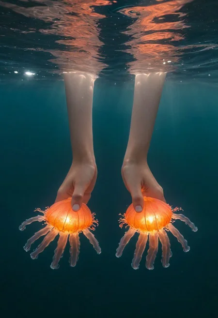 Create a captivating description for a photo featuring two hands reaching down into the ocean water from above the surface, gently caressing a huge fire jellyfish.
a neon-pastel sunset landscape, photorealistic