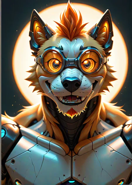 score_9, score_8_up, score_7_up, cybernetic robot panda wearing goggles, warm neon volumetric lighting, ray tracing, cool colored portal in the background,gentle happy smile, <lora:Happy_World:0.4>,