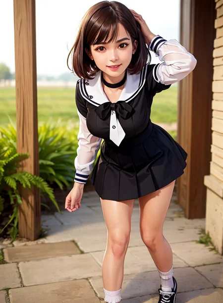 (RAW photo:1.2),(photorealistic:1.4),(masterpiece:1.3),(best quality:1.4),ultra high res, HDR,8k resolution, dreamlike, check commentary,commentary request,scenery,((no text)), solo focus, (full body), (detailed eyes),(detailed facial features), (detailed clothes features), skin tight, (shiny skin),(slender girl),(slim girl), (1girl,solo),<lora:VirtualGirl-Rin:0.25>,VirtualGirl-Rin, happy, (smile), (small breasts), bangs, bob hair, short hair, brown hair, brown eyes, black choker, university student, schoolgirl, white high school uniform,sailor suit,dark red pleated skirt, stockings,sneakers, <lora:bobbysocks:.8>, bobby socks,