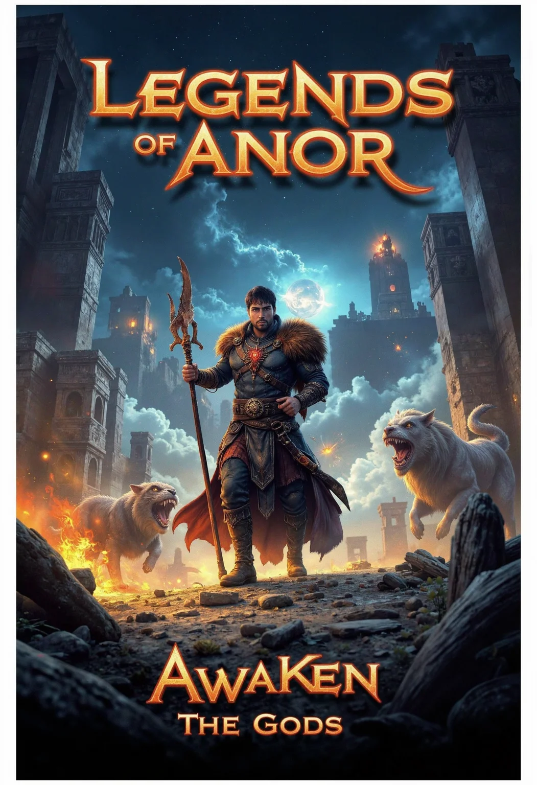 allposter, Design a magical game poster for a mythological fantasy game featuring a warrior surrounded by mythic beasts and glowing ancient ruins. The background hints at an otherworldly sky with cosmic elements. Use the game title, 'LEGENDS OF ANOR,' in bold, glowing typography at the top, and add the tagline 'Awaken the Gods' below it in a mystical font<lora:Flux.1_Turbo_Detailer.safetensors:0.75:0.75> <lora:FLUX_All_Posters.safetensors:0.7000000000000001:0.7000000000000001>
