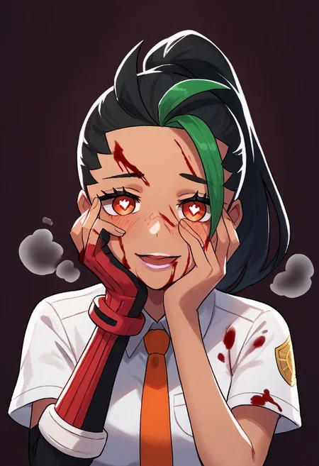 Score_8_up, score_7_up, Score_9, BREAK, 1girl, solo, nemona, naranja academy uniform, white shirt, orange shorts, pantyhose, single glove, orange necktie, red eyes, heart-shaped pupils, pink lips, 
yandere trance, open mouth, head tilt, close-up, blood on face, blood on hands, excessive blood, steamy breath, dark background, light smile black eyeliner, heavy blush blushing, looking down, 
<lora:EMS-415330-EMS:0.600000>