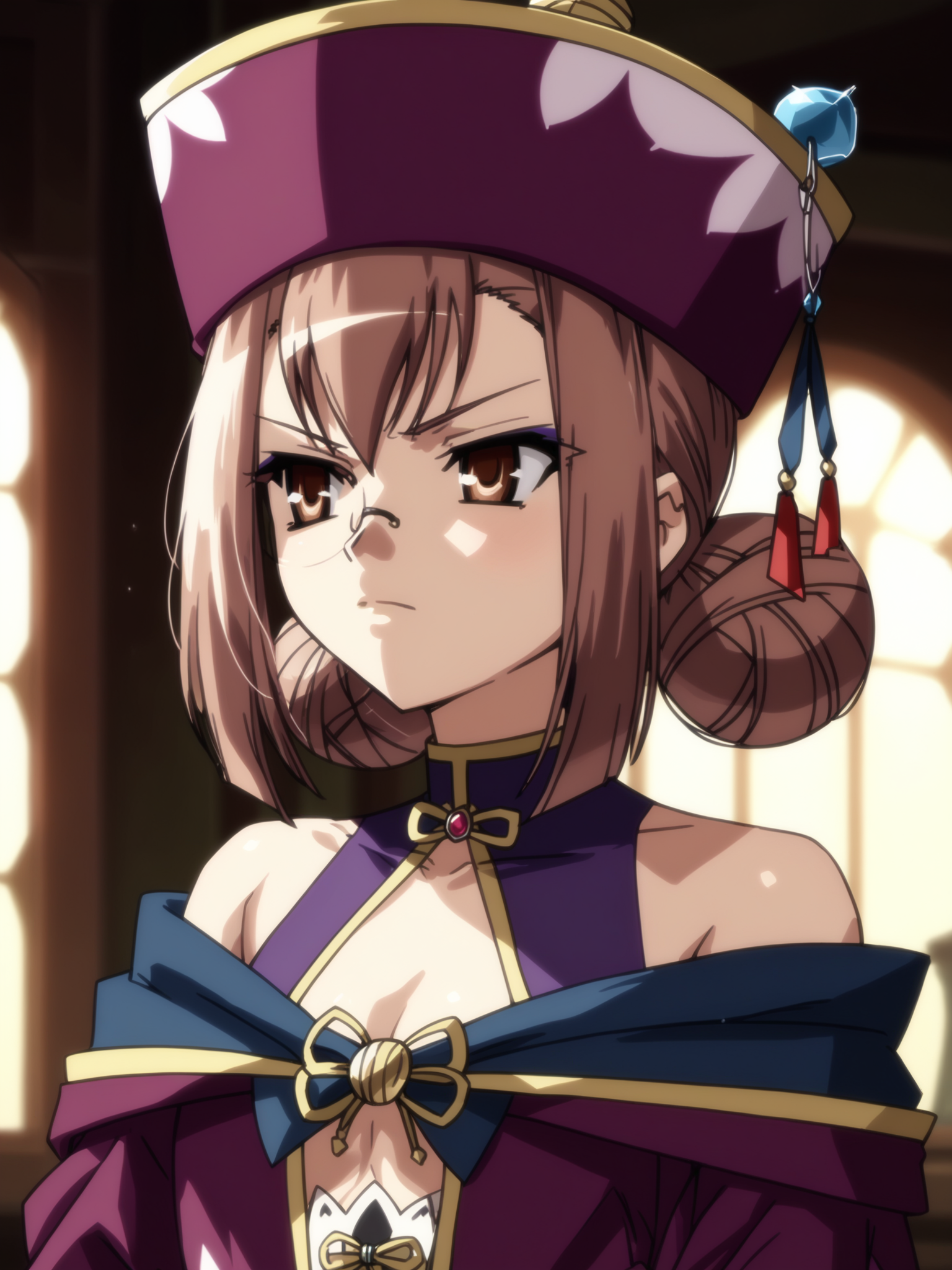 <lora:happy_tentacle-ryomou-v0.2-000011:0.9>, ht_ryomou, monocle, purple dress, cleavage cutout, bare shoulders, detached sleeves, hat, , cowboy shot, 1girl, (petite:1.2), solo focus, embarassed, (looking away:1.1), indoors, goth fashion, black clothes, eyeliner, layered clothes, choker , backlighting, (depth of field:0.8), (from below:0.8), [(realistic, photorealistic:1.2):(realistic:1.3):22], [(3d:1.2)::10], <lora:LUUNA's Lunas-NijiJourney-SDXL-B2:0.5>, nijijourney, <lora:prgfrg23's Counterfeit-V3.0 Style SDXL_LoRA_Pony Diffusion V6 XL:0.3> score_9, score_8_up, score_7_up, score_6_up, score_5_up, score_4_up,