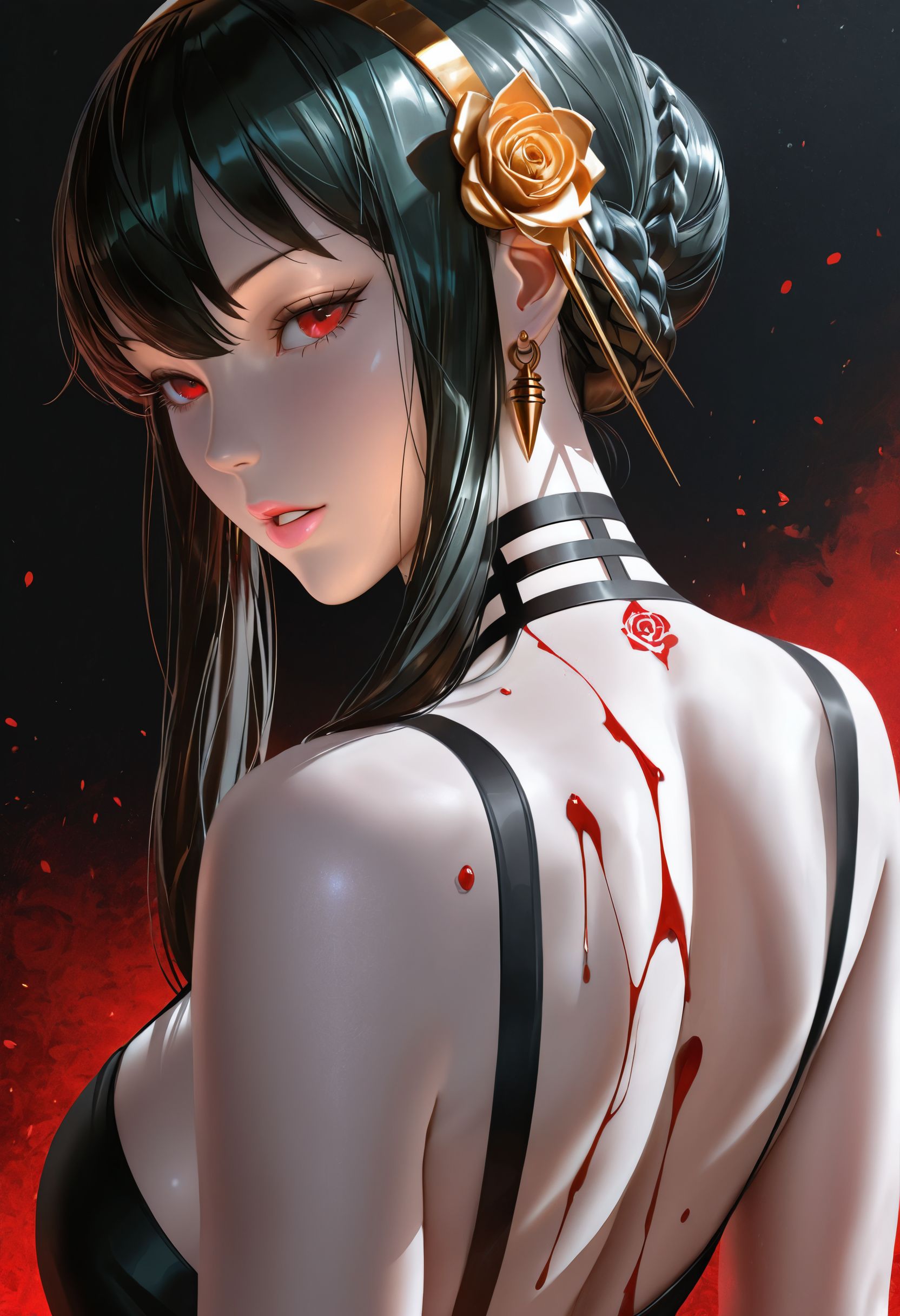 masterpiece,best quality,amazing quality, <lora:zumi_style_ilxl_goofy:1>zumi \(zumidraws\),
 yor briar, 1girl, back, bare shoulders, black background, black dress, black hair, blood, blood on back, braid, braided bun, breasts, choker, dress, earrings, eyelashes, flower, hair bun, hair flower, hair ornament, hairband, jewelry, looking at viewer, pale skin, parted lips, pink lips, red background, red eyes, rose, simple background, two-tone background, upper body workout