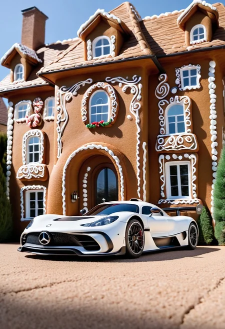 BENZ AMG ONE,in front of house.<lora:GingerbreadStyle_epoch_10:0.7>