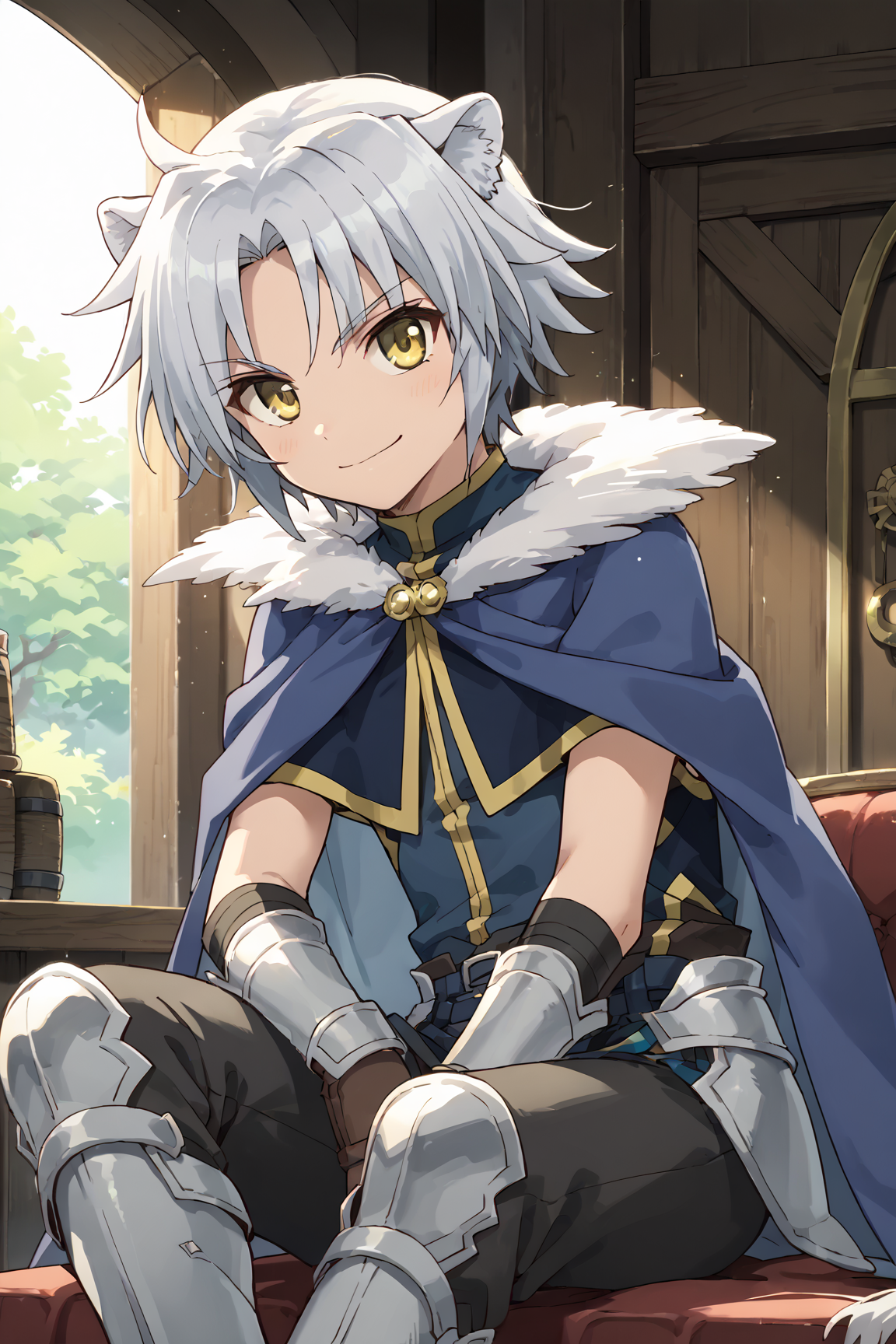 score_9, score_8_up, score_7_up, source_anime, 
1boy, solo, gaul, grey hair, yellow eyes, lion ears, sleeveless shirt, cape, cowboy shot, looking at viewer, smile, 
zPDXL3, <lora:gaulPonyv2:0.9>, <lora:add-detail-xl:1>, sitting, highres, absurdres, fantasy
