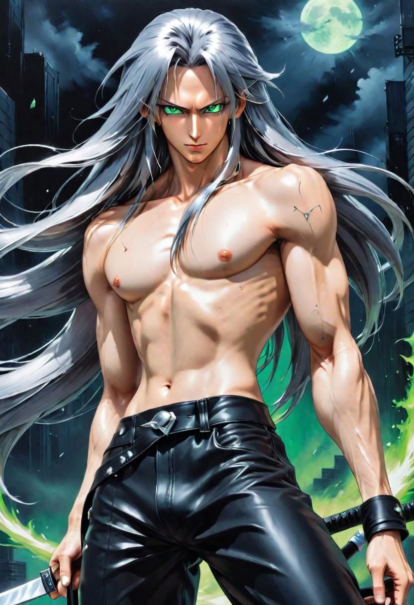 ASCIImasterpiece, best quality, detailed oil painting, dynamic manga action scene, dark vaporwave background, shirtless, pants, fantasy painting, long silver sephiroth hair, closeup