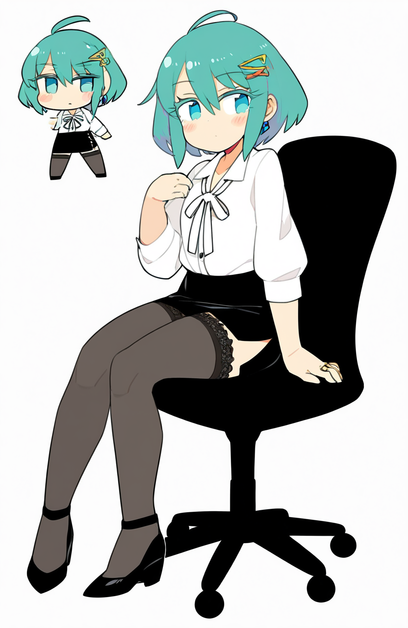 masterpiece,best quality,amazing quality,very absurdres,aesthetic,newest,promare,
artist:chan co:1.5,artist:ini \(inunabe00\),(Chibi),(cute), 
tamaki \(doa\),medium hair, hair between eyes, asymmetrical bangs, ahoge,hairclip, golden blue claw hairclip, earrings, golden double ring earrings,
office lady, shirt, white shirt, collared shirt, sleeves past elbows, neck ribbon, white neck ribbon, button \(fastener\), skirt, pencil skirt, black skirt, side slit skirt, thighhighs, black thighhighs, lace-trimmed legwear, black footwear, high heels,
office,office chair, 
 <lora:doa_tamaki_noobxl_vpred10_v10:0.8>