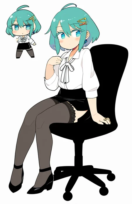 masterpiece,best quality,amazing quality,very absurdres,aesthetic,newest,promare,
artist:chan co:1.5,artist:ini \(inunabe00\),(Chibi),(cute),
tamaki \(doa\),medium hair, hair between eyes, asymmetrical bangs, ahoge,hairclip, golden blue claw hairclip, earrings, golden double ring earrings,
office lady, shirt, white shirt, collared shirt, sleeves past elbows, neck ribbon, white neck ribbon, button \(fastener\), skirt, pencil skirt, black skirt, side slit skirt, thighhighs, black thighhighs, lace-trimmed legwear, black footwear, high heels,
office,office chair,
<lora:doa_tamaki_noobxl_vpred10_v10:0.8>