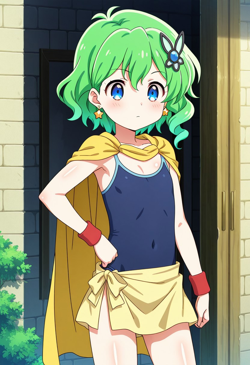 official art, detailed anime, ultra detailed anime art, anime screencap, screencap, score 9, score 8 up, score 7 up, masterpiece, anime coloring, source anime,
BREAK
RydiaMage, 1girl, solo, green hair,  blue eyes, short hair, aged down, flat chest, shiny skin, smoothy skin,
BREAK
hair ornament, cape, jewelry, blue leotard, skirt, sarong, star earrings, yellow cape, bracelet, covered navel, thighs, wristband, skintight, stylized hair ornament, red ankle boots,
BREAK
cowboy shot, standing, 1hand on hip, day, generic fantasy town, detailed background,