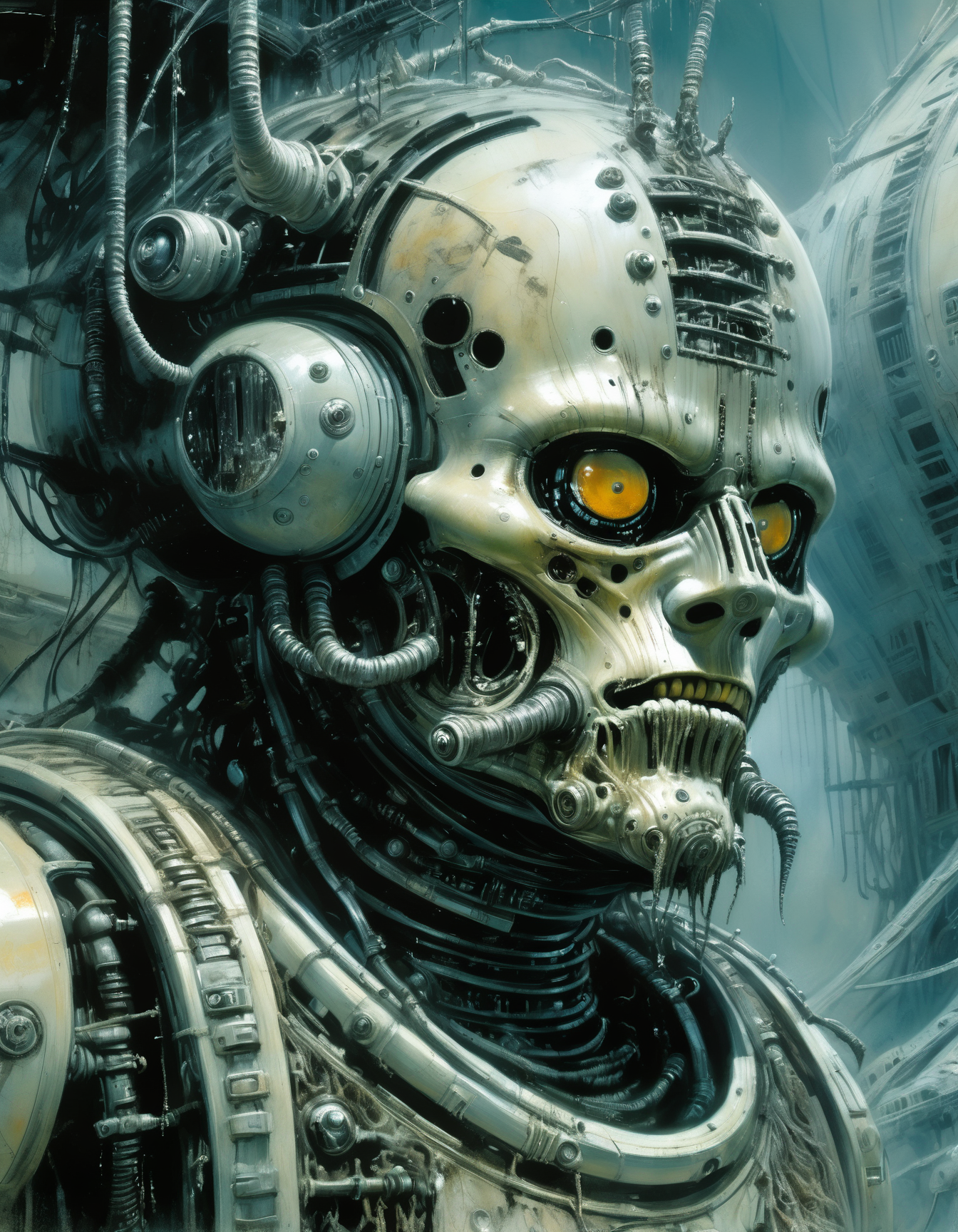 "Close-up, front-facing view of a scavenger, his face reflecting horror, within the chilling confines of a derelict space station. Sharp contrasts, lavishly intricate, drawing from H.R. Giger", surrealism, weird and pissed off, oil on canvas, dry brush, <lora:John Berkey Style:0.9>, John Berkey Style