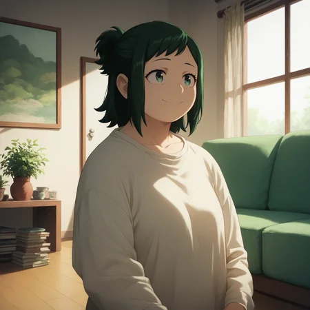 <lora:SlimesInkoMidoriya-000003:1>, score_9, score_8_up, score_7_up, slimes_inkomidoriya, woman, solo, green hair, facing viewer, smiling, living room background