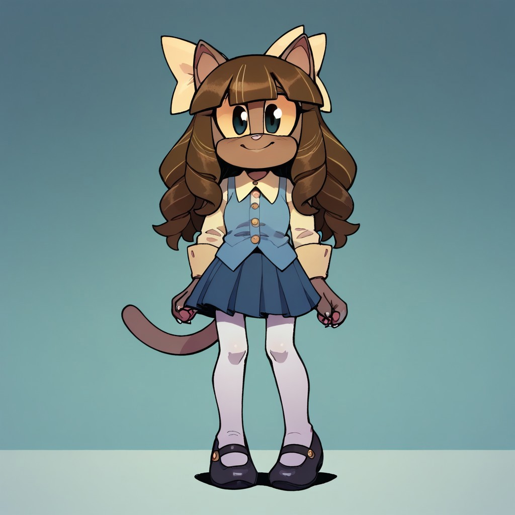 score_9, score_8_up, score_7_up, 1girl,  <lora:Perfect Hands:1> Perfect Hands, evnstnly, solo, petite, ivy, brown long hair, braids,blunt bangs,black eyes, colored sclera, yellow sclera, no human, furry, brown furr, cat ears, tail, white shirt, tucked in shirt, long sleeves, blue vest, blue skirt, pleated skirt, yellow hair bow, white tights, cotton tights, black shoes, mary janes, smiling, standing, legs together, arms at sides