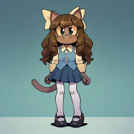score_9, score_8_up, score_7_up, 1girl, <lora:Perfect Hands:1> Perfect Hands, evnstnly, solo, petite, ivy, brown long hair, braids,blunt bangs,black eyes, colored sclera, yellow sclera, no human, furry, brown furr, cat ears, tail, white shirt, tucked in shirt, long sleeves, blue vest, blue skirt, pleated skirt, yellow hair bow, white tights, cotton tights, black shoes, mary janes, smiling, standing, legs together, arms at sides