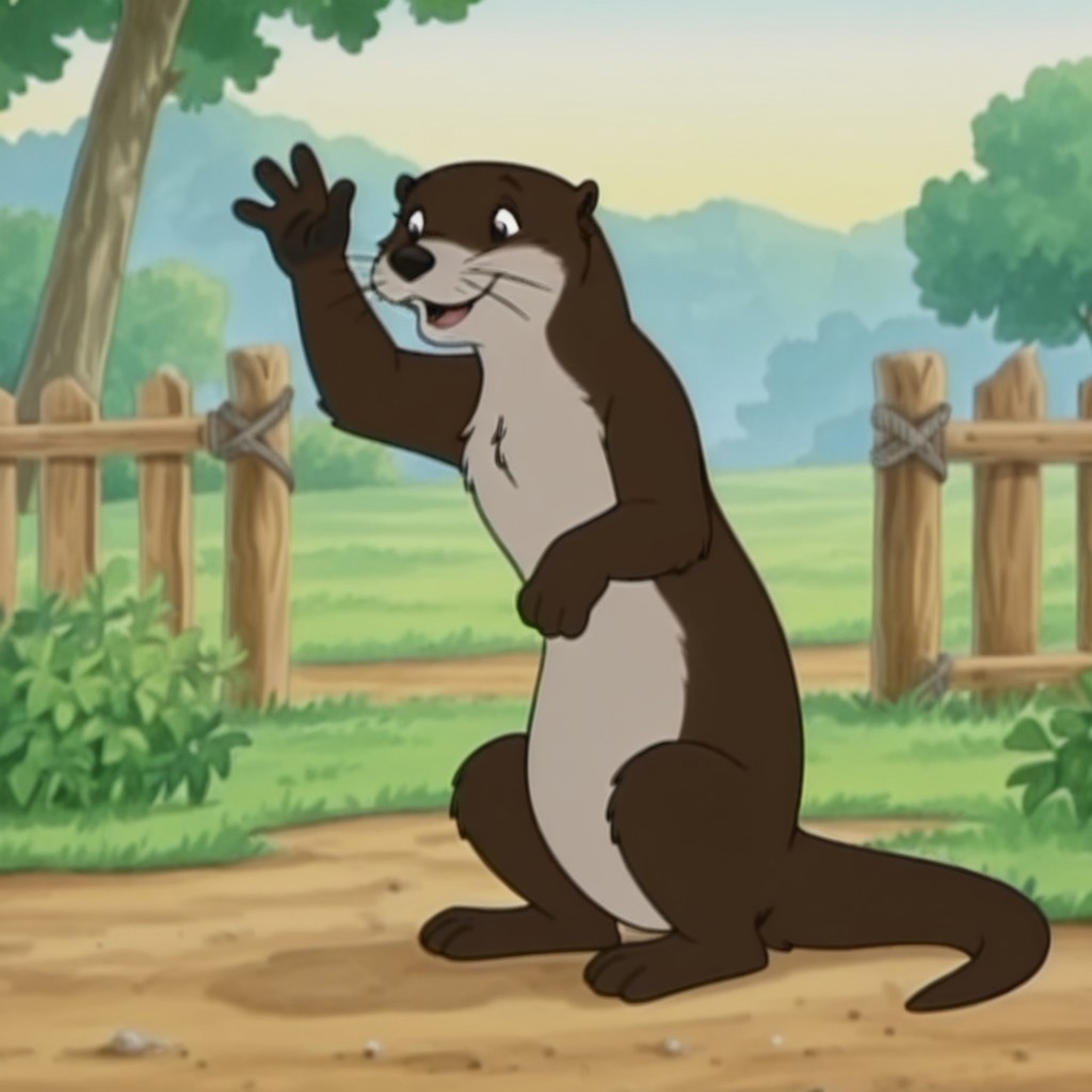 masterpiece, best quality, amazing quality, otterfrnklnilv2, semi-anthro, female otter, brown fur, black eyes, whiskers,, outside, full body, waving