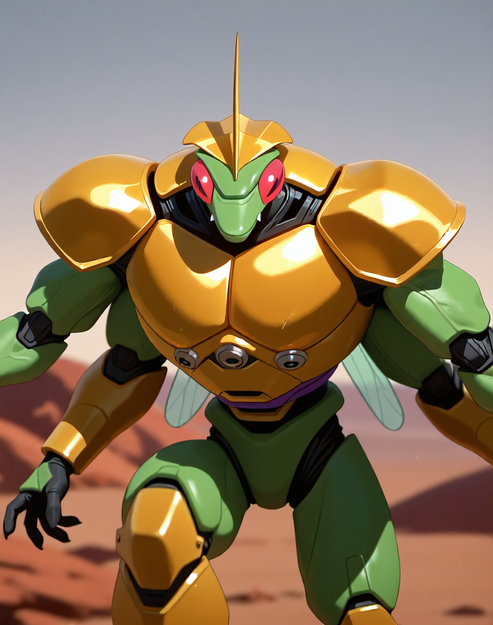 <lora:Ultimate_Katris_(Shinzo)_(Illustrious)_(AD):1.15> Ultimate Katris, muscular, mantis, Shinzo, 
((
exterior, bent leg, anime post apocalyptic, cowboy shot,
dynamic action, insect anthro, male focus, strong warrior, manly, bounty hunter, villain, glossy gold armor, green body, manly, masculine, 4arms, 
)), 
BREAK: very awe, aesthetically pleasing, masterpiece, best quality, amazing quality, very aesthetic, perfect depth of field shot, gradient coloring, subsurface reflections, source_furry, furry_art, vivid colors, source_anime, masterclass anime,
masterpiece, best quality, amazing quality, very aesthetic, high resolution, ultra-detailed, absurdres, newest, scenery, {Prompt}, BREAK, detailed background, volumetric lighting,
BREAK: lazympos, lazypos (3), lazyreal,