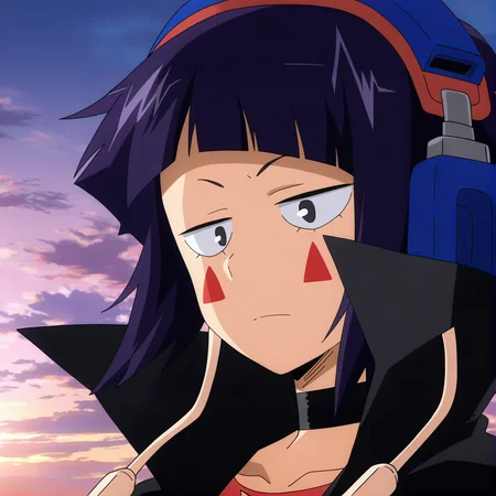sharp focus, pixiv masterpiece, source_anime, best quality, high res, absurd res, anime_screencap, BREAK
<lora:Kyoka_Jiro_MHA_IL_v49:1> , kyokajiro, 1girl, solo, purple_hair, short_hair, black_eyes, blue_headphones, red_triangle_face_marks, earphone_plugs, earlobes, black_jacket, choker, cutout_shirt, bangs, portrait,