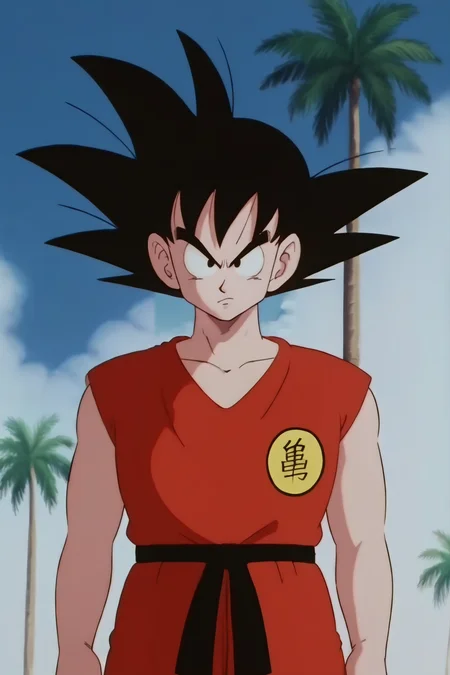 source_anime, score_9, score_8_up, score_7_up, anime screencap,8k, absurd res,
son goku, aged up, solo, looking at viewer, shirt, black hair, 1boy, collarbone, upper body, male focus, outdoors, sky, sleeveless, day, cloud, black eyes, tree, blue sky, frown, cloudy sky, spiked hair, (red topwear), serious, palm tree, symbol, print topwear, v-shaped eyebrows, clothes writing, arms at sides, 1980s \(style\), dougi, arena, retro artstyle, bare arms
 <lora:gokudb_pony_v3:0.8>