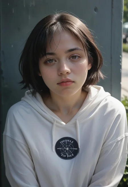 (score_9, score_8_up, score_7_up, score_6_up, score_5_up, score_4_up, best quality, masterpiece), (photorealistic:1.4), (young woman:1.2, 18yo,tapered shoulder-length dark hair, pale, sunken cheeks), (seductivelips, lips, dark circles under her hollow hazel eyes, eyesHD, detailed eyes), (faded hoodie:1.2, shirt in mouth, shirt lift, lifted by self, medium round breasts, petite blonde_nipples), (sitting against a wall:1.3, pushing legs from her knees wide open), (a dim streetlight casts a cold glow on her face), (expression filled with sorrow and resignation), (subtle signs of a troubled past around her), (solo, introspection).