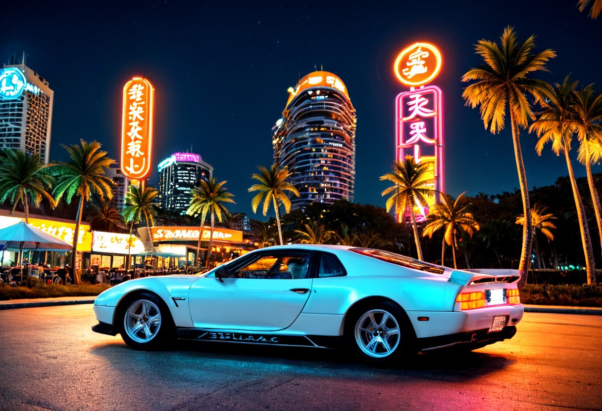 ((ClassicSportsCar )), 80´s sport car,  gleaming orange DeTomaso Mangusta, palm trees, seaside, cityscape, night, neon lights, 4K, highly detailed, (((stylish grainy analog 35mm film photo)))