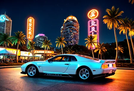 ((ClassicSportsCar )), 80´s sport car,  gleaming orange DeTomaso Mangusta, palm trees, seaside, cityscape, night, neon lights, 4K, highly detailed, (((stylish grainy analog 35mm film photo)))