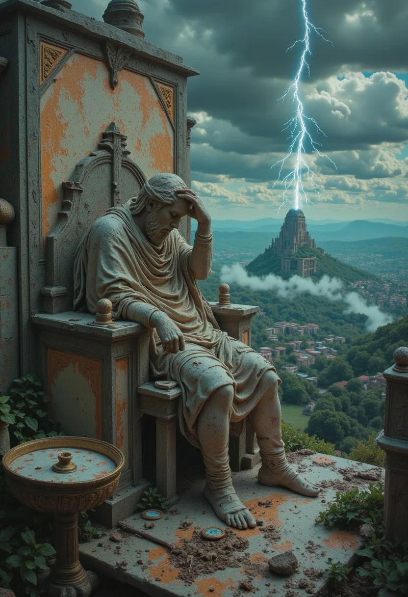 A faded, dystopian depiction of Zeus, sitting slumped on a crumbling marble throne. His once-mighty form is draped in a tattered robe, his golden laurel now dull and worn. The sky above is thick with storm clouds, but the lightning in his grasp flickers weakly, a fading echo of past glory. The ruins of Olympus stretch behind him, overgrown and forgotten. His gaze is heavy, lost in thoughts of a world that no longer worships him. The scene is desaturated, melancholic, with a painterly texture that evokes the passage of time and the decay of power..ethdysty, neon-mist, detailed city