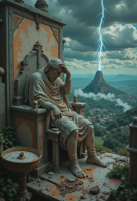 A faded, dystopian depiction of Zeus, sitting slumped on a crumbling marble throne. His once-mighty form is draped in a tattered robe, his golden laurel now dull and worn. The sky above is thick with storm clouds, but the lightning in his grasp flickers weakly, a fading echo of past glory. The ruins of Olympus stretch behind him, overgrown and forgotten. His gaze is heavy, lost in thoughts of a world that no longer worships him. The scene is desaturated, melancholic, with a painterly texture that evokes the passage of time and the decay of power..ethdysty, neon-mist, detailed city
