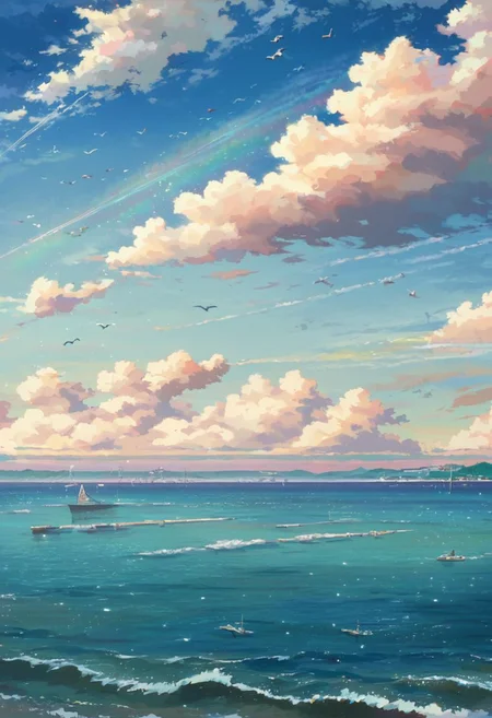 score_9, score_8_up, score_7_up, zPDXL, Shinkaistyle, no humans, scenery, a flagship in the ocean, sea, horizon, summer, seagulls, cozy vibe, dust particles, cloud, sunny, blue sky