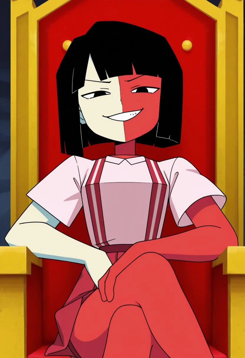 solo, ENADB, two-tone skin, short hair, black hair, half shot, anime, red skin, pale yellow skin, looking at viewer, grin, smug, sitting, throne