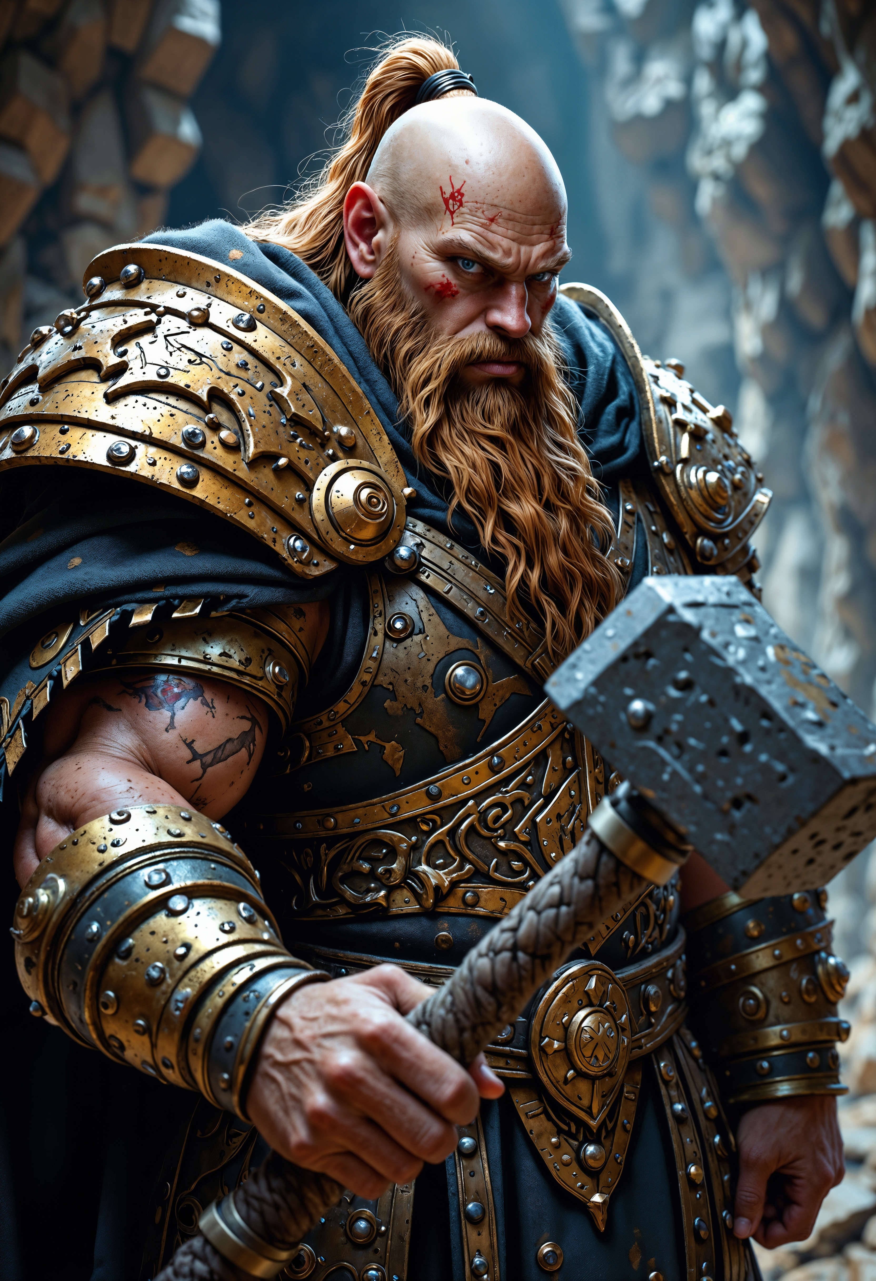 A rugged dwarf king, wielding the mighty hammer of thunder, Mjolnir, with a long brown beard, bald head, scarred face, and adorned in golden armor, stands resolute in an underground dwarven mine. This striking portrait captures the essence of strength and resilience amidst the harsh depths of the earth. The image showcasing the intricate design of the king's armor and the intricate features of his weathered face. aidmaMJ6.1