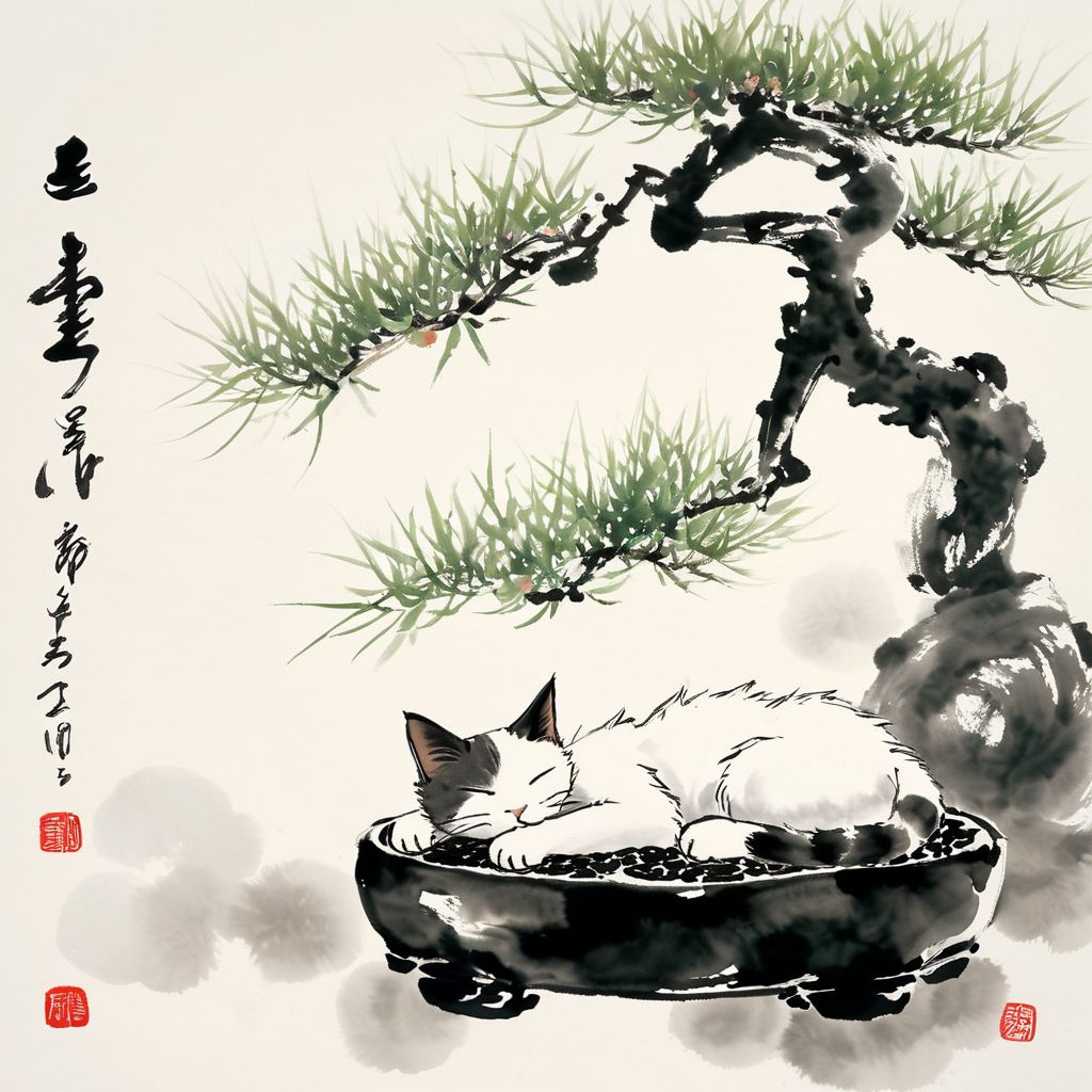 <lora:Ath_ink-painting_XL:1>,ink-painting,ink anf wash,painting \(medium\),traditionalmedia,watercolor\(medium\),A bonsai like tree with a cat sleeping under it, (masterpiece, best quality, high quality, highres, ultra-detailed),