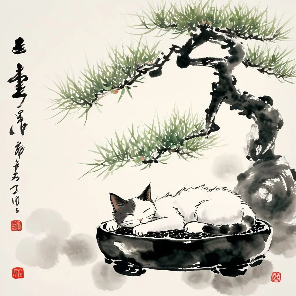 <lora:Ath_ink-painting_XL:1>,ink-painting,ink anf wash,painting \(medium\),traditionalmedia,watercolor\(medium\),A bonsai like tree with a cat sleeping under it, (masterpiece, best quality, high quality, highres, ultra-detailed),