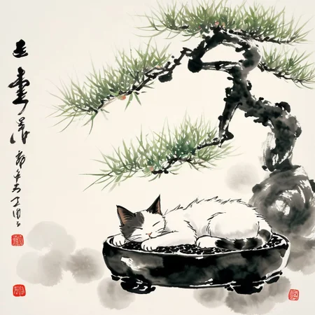 <lora:Ath_ink-painting_XL:1>,ink-painting,ink anf wash,painting \(medium\),traditionalmedia,watercolor\(medium\),A bonsai like tree with a cat sleeping under it, (masterpiece, best quality, high quality, highres, ultra-detailed),