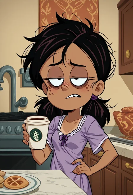 score_9, score_8_up, score_7_up, score_6_up, 1girl,solo,best quality,4k,
dark tan skin, black hair, hair down, messy hair, freckles on her cheeks, two buck teeth,show accurate, perfect anatomy, four fingers,
 indoors, kitchen background, show accurate, perfect anatomy, perfect hands, wear only purple nightgown, loose clothes, one hand holding cup of coffee, one hand on hip, perfect hands, bags under eyes, sleepy eyes, loose clothes, eyes half close, small breast,