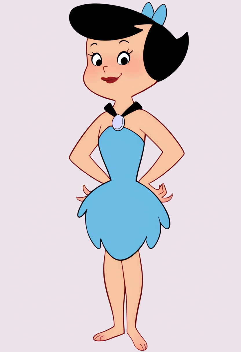 masterpiece, best quality, very aesthetic, absurdres,
1girl, betty, black hair, hair bow, short hair, black eyes, 
red lipstick,
blue dress, strapless, bow, strapless dress, barefoot,
standing, full body, hands on hips,
closed mouth,
smile, looking at viewer, solo, simple background, white background,   <lora:BettyRubbleNoobXL_byKonan:1>