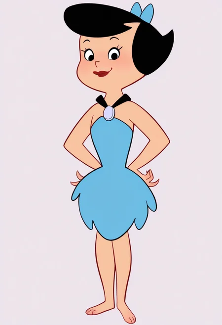 masterpiece, best quality, very aesthetic, absurdres,
1girl, betty, black hair, hair bow, short hair, black eyes,
red lipstick,
blue dress, strapless, bow, strapless dress, barefoot,
standing, full body, hands on hips,
closed mouth,
smile, looking at viewer, solo, simple background, white background, <lora:BettyRubbleNoobXL_byKonan:1>