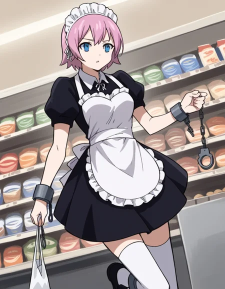 score_9, score_8_up, score_7_up, source_anime, <lora:fairytail-virgo-s7-ponyxl-lora-nochekaiser:1>,, maid virgo, short hair, bangs, blue eyes, pink hair, thighhighs, dress, short sleeves, shoes, puffy sleeves, black footwear, apron, black dress, white thighhighs, puffy short sleeves, zettai ryouiki, maid, maid headdress, white apron, maid apron, cuffs, enmaided, handcuffs,, grocery store, cashier, shopping bag, scanning items, small talk, everyday routine, , , hand with fingers spread out, solo,, cowboy shot, dutch angle