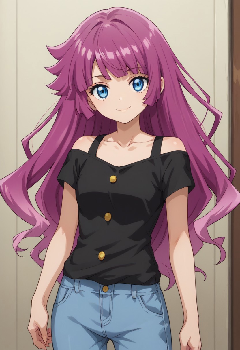 score_9, score_8_up, score_7_up, source_anime, highly detailed,
rominkassidy, 1girl, solo, blue eyes, long hair, purple hair, 
smile, looking at viewer, shirt,  black shirt,
bangs, collarbone, pants,
indoor,