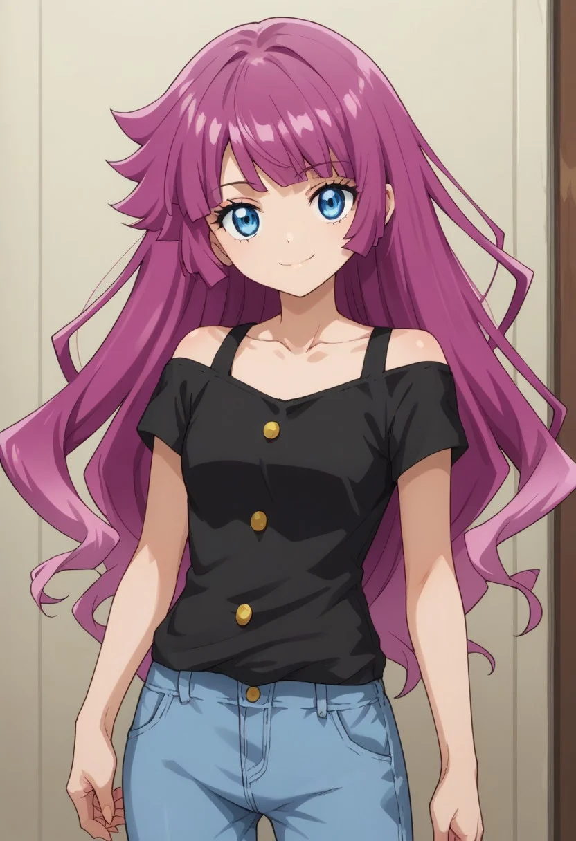 score_9, score_8_up, score_7_up, source_anime, highly detailed,
rominkassidy, 1girl, solo, blue eyes, long hair, purple hair,
smile, looking at viewer, shirt, black shirt,
bangs, collarbone, pants,
indoor,