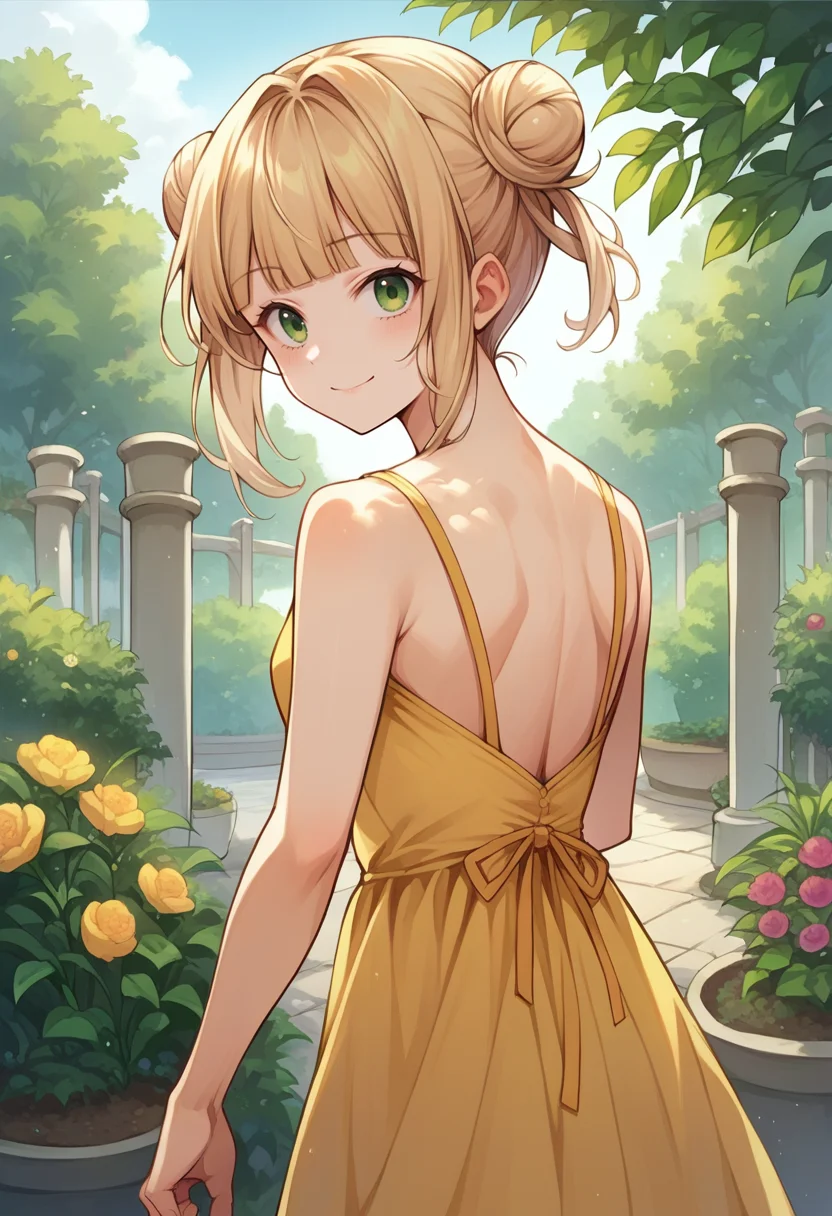 score_9, score_8_up, source_anime, 1girl, solo, RocoKaburaki, green eyes, blonde hair, short hair, double bun, sidelocks, blunt bangs, from behind, yellow sundress, garden, day, sunshine, smile, looking back, <lora:ChamRocoKaburakiPonyXL:1>