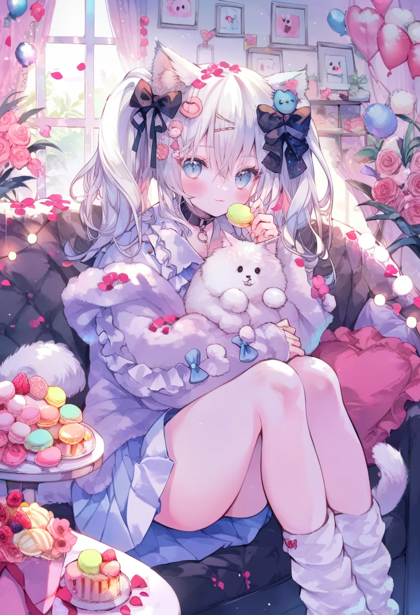 score_9, score_8_up, score_7_up, score_6_up <lora:oninekoXL_P6_lokr_V43P1:0.95> 1girl, animal ears, blue eyes, hair ornament, white hair, skirt, food, looking at viewer, solo, sitting, collar, long hair, flower, window, socks, indoors, pleated skirt, hairclip, long sleeves, bow, tail, blush, shirt, hair bow, cat ears, stuffed toy, animal ear fluff, closed mouth, macaron, pink flower, ribbon, hair between eyes, holding, heart, rose, white socks, twintails, balloon, white skirt, petals, loose socks, couch, frills, hair ribbon, curtains, jacket