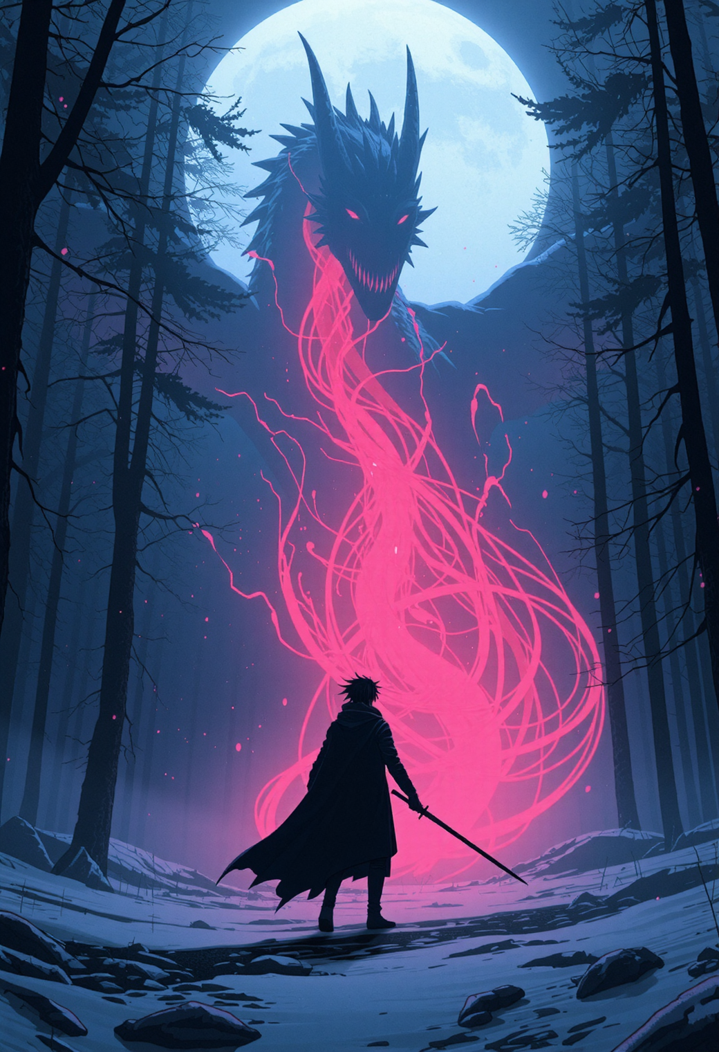 evil frozen dragon, realistic, In a cyberpunk-inspired realm, Theme: Futuristic, cyberpunk-inspired The Moon: A figure, walking through a dark, foggy forest, is haunted by ghostly apparitions. The background is the silhouette of a dragon emerges from the darkness, its form composed of the same vibrant energy. The entire scene is bathed in a contrast of deep blacks and brilliant frozen dragon, creating a dynamic and visually striking composition. Particles of light scatter through the air, adding to the mystical atmosphere. This digital illustration blends elements of anime artistry with futuristic aesthetics, resulting in a captivating image that radiates energy and intensity, snowing, ready for battle, holding sword