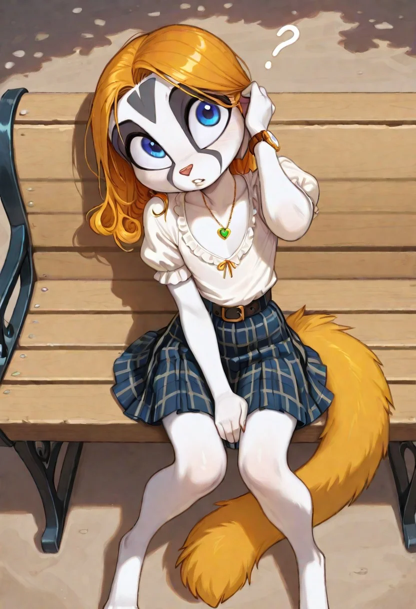 masterpiece, best quality, amazing quality, kalei ,white skin,
1girl, solo, anthro, long yellow hair, large bushy yellow tail, white fur, white limbs, digitigrade legs, blue eyes,
(child, kid)
(masterpiece, best quality, high quality, good quality), from above, curly hair,, frilled shirt, short sleeves, puffy sleeves, low neckline, high-waist pleated skirt, plaid skirt, belt, , necklace, wristwatch, looking at viewer, head tilt, parted lips, ?, tucking hair, outdoors, sitting, on bench