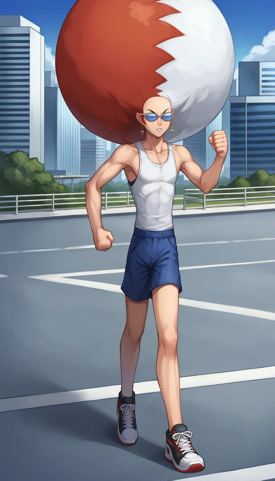 score_6_up, score_5_up, score_4_up, source_anime
BREAK
mirorb, 1boy, solo, full body, afro, two-tone hair, red hair, white hair, full body, sunglasses, determined expression, clenched hands, blue shorts, white tank top, sleeveless, sneakers, running, jogging, earrings, detailed background, sidewalk, city, building, sign <lora:mirorb:1>
