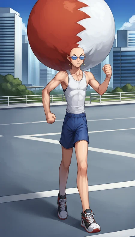 score_6_up, score_5_up, score_4_up, source_anime
BREAK
mirorb, 1boy, solo, full body, afro, two-tone hair, red hair, white hair, full body, sunglasses, determined expression, clenched hands, blue shorts, white tank top, sleeveless, sneakers, running, jogging, earrings, detailed background, sidewalk, city, building, sign <lora:mirorb:1>